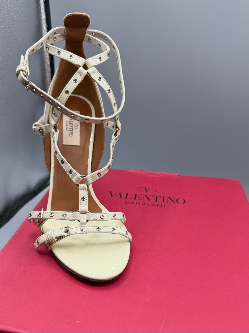 Valentino Garavani Ivory Studded T-Strap Heel Sandal